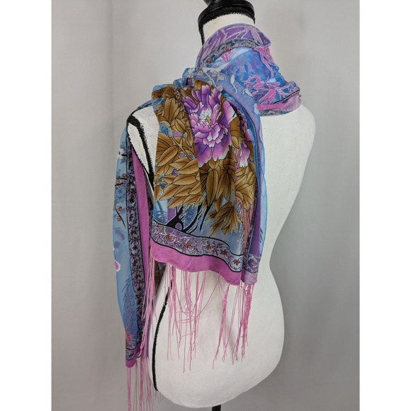 Vtg 90s Y2K Peacock Print Burnout Fringe Scarf Shawl Maximalist Oriental A076 - Picture 3 of 9